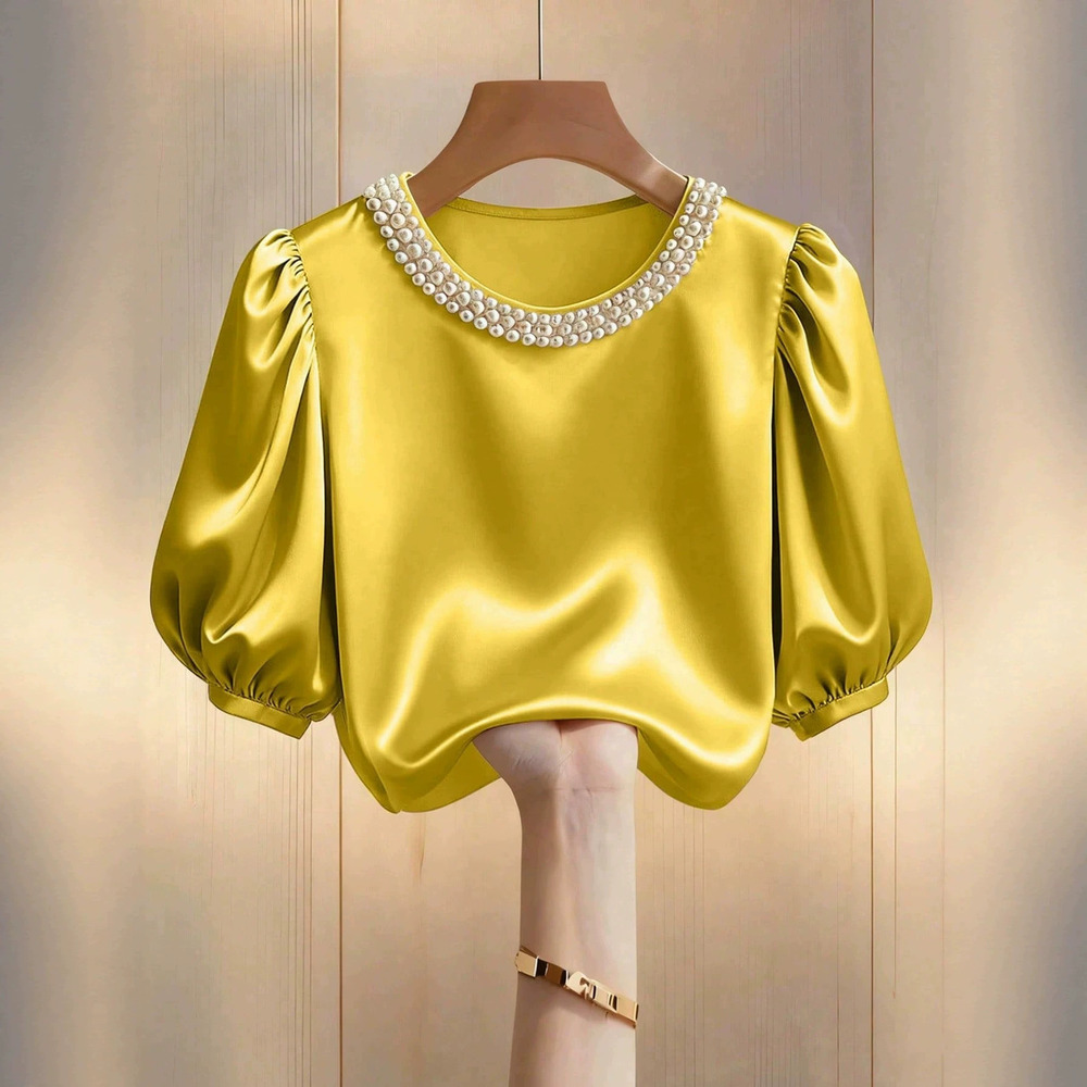 Zara New Satin Pearl Collar Short Sleeve Top Summer